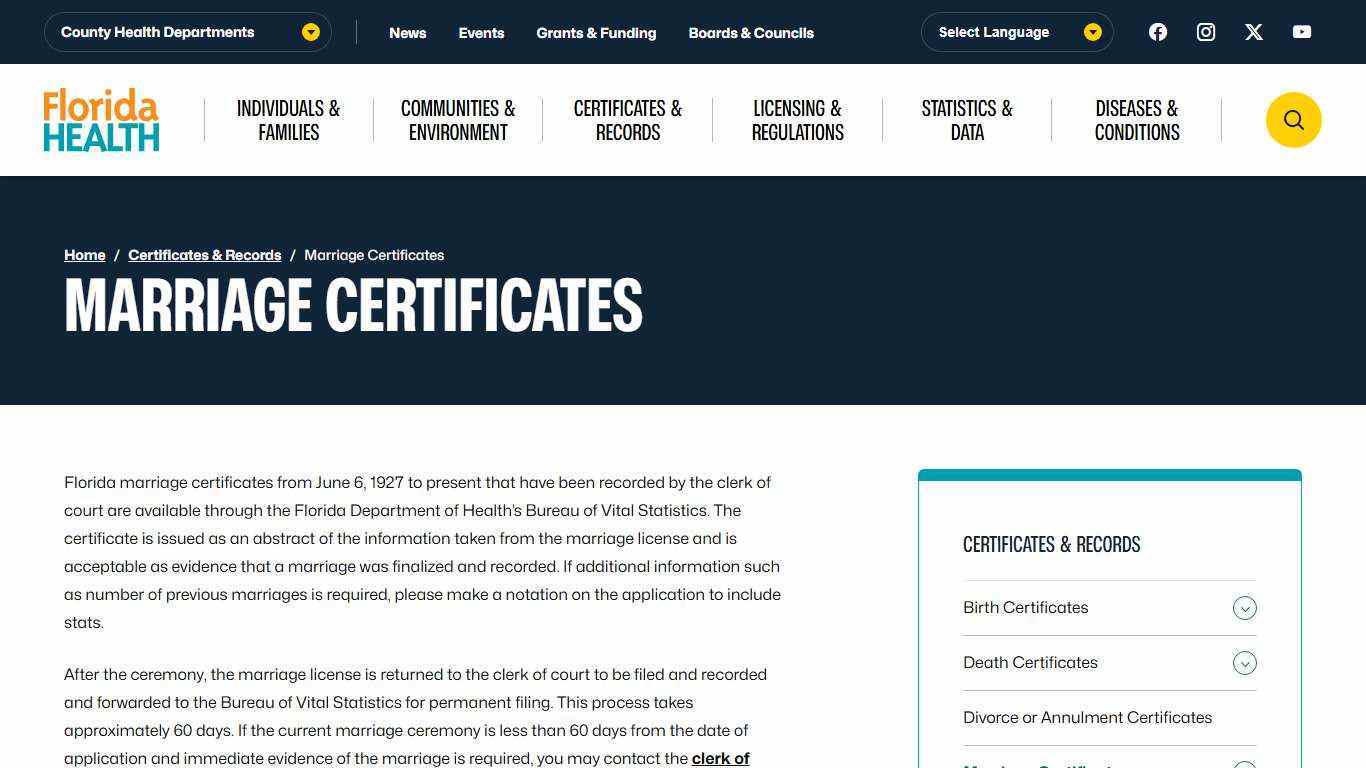 Marriage Certificates - Florida Department of Health