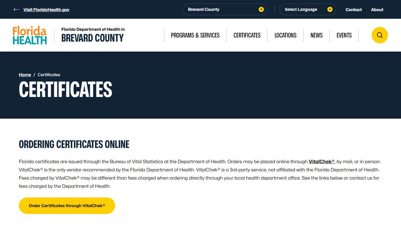 Certificates - Florida Department of Health in Brevard County